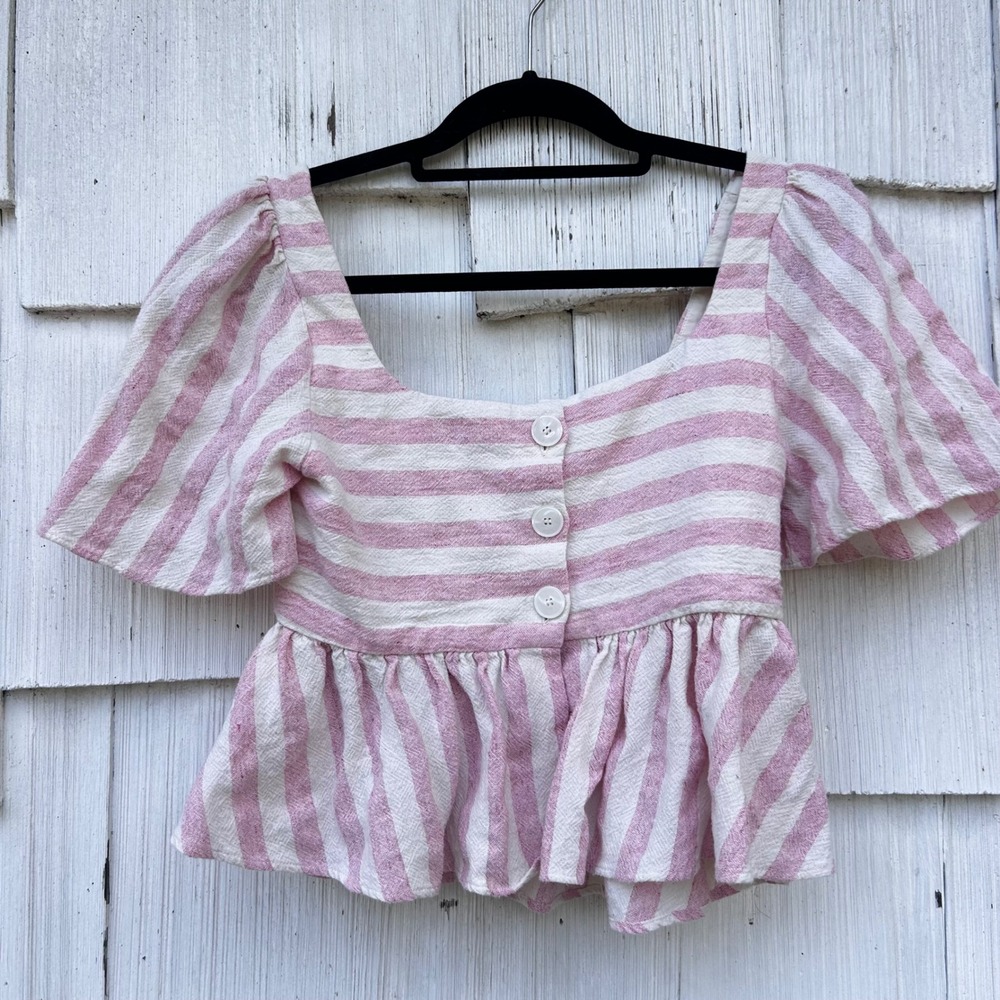 ZARA Striped Peplum Square Neck Flutter Sleeve Top Pink White Size M - Picture 6 of 7
